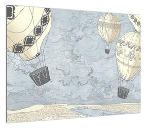 Obraz - Balony nad miastem, zimne odcienie (70x50 cm)