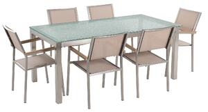 Zestaw ogrodowy stół szklany tłuczony blat 180x90cm 6 krzeseł beżowych Grosseto Beliani