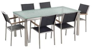 Zestaw ogrodowy stół szklany tłuczony blat 180x90cm 6 krzeseł czarnych Grosseto Beliani