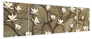 Obraz - Białe magnolie na murze kamiennym (170x50 cm)
