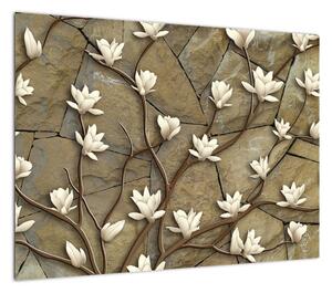 Obraz - Białe magnolie na murze kamiennym (70x50 cm)