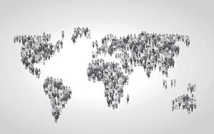 Tapeta czarno-biała mapa świata składająca się z ludzi