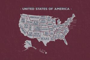 Tapeta edukacyjna mapa USA z bordowym tłem