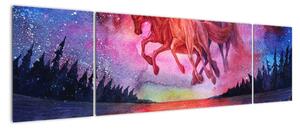 Obraz - Pojawienie się kosmicznych koni nad jeziorem, akwarela (170x50 cm)