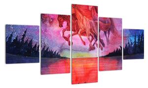 Obraz - Pojawienie się kosmicznych koni nad jeziorem, akwarela (125x70 cm)