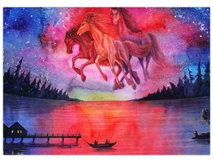 Obraz - Pojawienie się kosmicznych koni nad jeziorem, akwarela (70x50 cm)