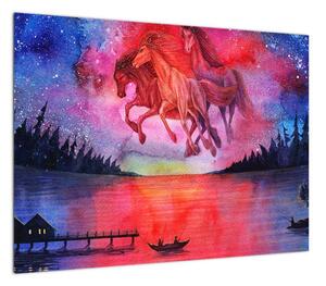 Obraz - Pojawienie się kosmicznych koni nad jeziorem, akwarela (70x50 cm)