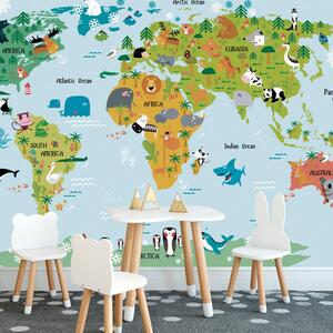 Samoprzylepna tapeta dziecięca mapa świata ze zwierzętami