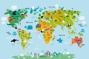 Tapeta dziecięca mapa świata ze zwierzętami