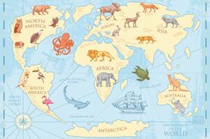 Tapeta mapa świata ze zwierzętami