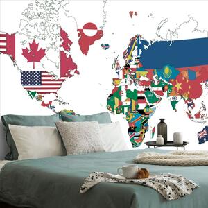 Samoprzylepna tapeta mapa świata z flagami z białym tłem