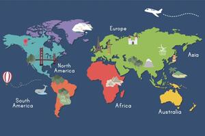 Samoprzylepna tapeta mapa świata z punktami orientacyjnymi
