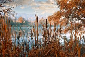 Samoprzylepna fototapeta jezioro w środku jesiennej przyrody