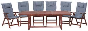 Zestaw ogrodowy drewno akacjowe stół 6 krzeseł poduszki niebieskie Toscana Beliani