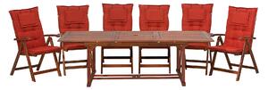 Zestaw ogrodowy drewno akacjowe stół 6 krzeseł poduszki czerwone Toscana Beliani