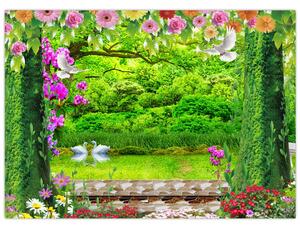 Obraz - Magiczny ogród z łabędziami (70x50 cm)