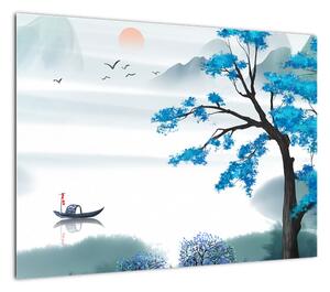 Obraz - Malowane jezioro z łódką (70x50 cm)