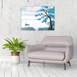 Obraz - Malowane jezioro z łódką (70x50 cm)