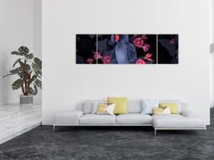 Obraz - Papuga wśród kwiatów (170x50 cm)