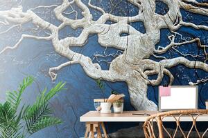 Tapeta abstrakcyjne drzewo na drewnie z niebieskim kontrastem
