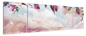 Obraz różowych kwiatów z różowym marmurem (170x50 cm)