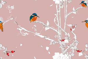 Samoprzylepna tapeta ptaki w gęstym lesie z różowym tłem
