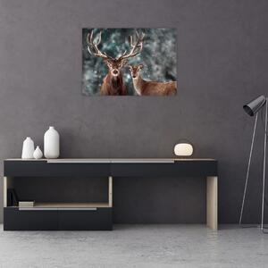Obraz - Jeleń i łania w zaśnieżonym lesie (70x50 cm)