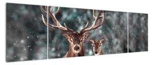 Obraz - Jeleń i łania w zaśnieżonym lesie (170x50 cm)
