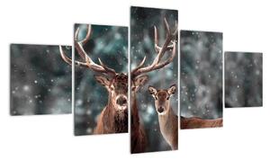 Obraz - Jeleń i łania w zaśnieżonym lesie (125x70 cm)