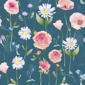 Samoprzylepna tapeta romantyczne kwiaty na niebieskim tle