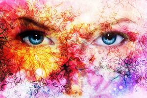 Tapeta niebieskie oczy z abstrakcyjnymi elementami