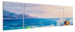 Obraz fal uderzających w klify, obraz olejny (170x50 cm)