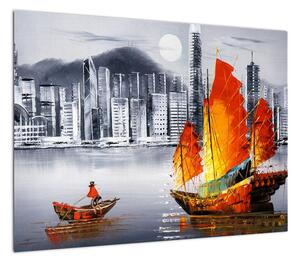Obraz - Victoria Harbor, Hongkong, czarno-biały obraz olejny (70x50 cm)