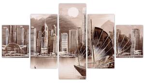 Obraz - Victoria Harbor, Hongkong, efekt sepii (125x70 cm)