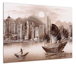 Obraz - Victoria Harbor, Hongkong, efekt sepii (70x50 cm)