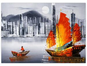 Obraz - Victoria Harbor, Hongkong, czarno-biały obraz olejny (70x50 cm)
