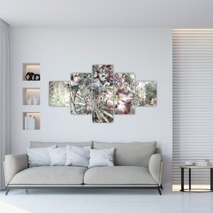 Obraz kwiatów na drewnianym kole (125x70 cm)