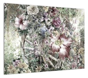 Obraz kwiatów na drewnianym kole (70x50 cm)