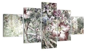 Obraz kwiatów na drewnianym kole (125x70 cm)