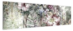 Obraz kwiatów na drewnianym kole (170x50 cm)
