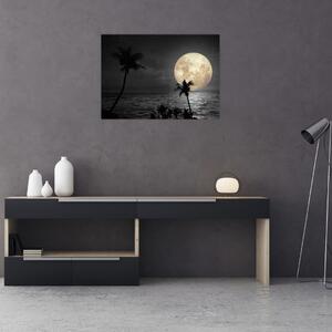 Obraz - Plaża pod pełnią księżyca w odcieniach szarości (70x50 cm)