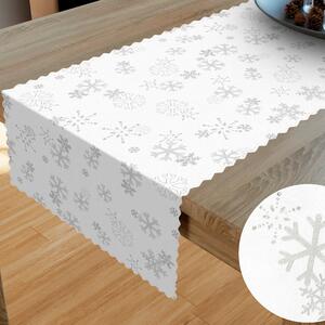 Goldea bieżnik na stół plamoodporny świąteczny - srebrne płątki śniegu na białym 40x90 cm