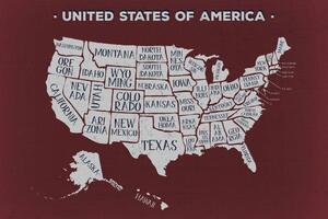 Obraz mapa edukacyjna USA z bordowym tłem na korku