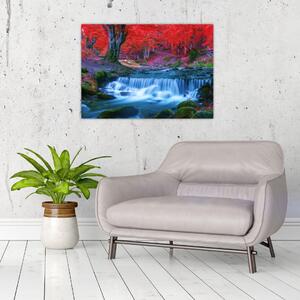 Obraz wodospadu w czerwonym lesie (70x50 cm)