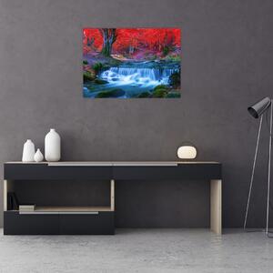 Obraz wodospadu w czerwonym lesie (70x50 cm)