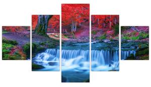 Obraz wodospadu w czerwonym lesie (125x70 cm)