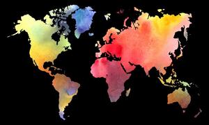 Obraz mapa świata w akwareli na czarnym tle na korku