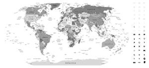 Obraz na korku szczegółowa mapa świata w wersji czarno-białej