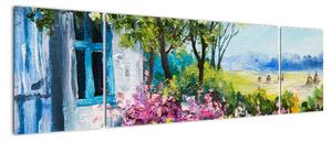 Obraz ogrodu przed domem, obraz olejny (170x50 cm)