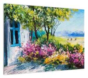 Obraz ogrodu przed domem, obraz olejny (70x50 cm)